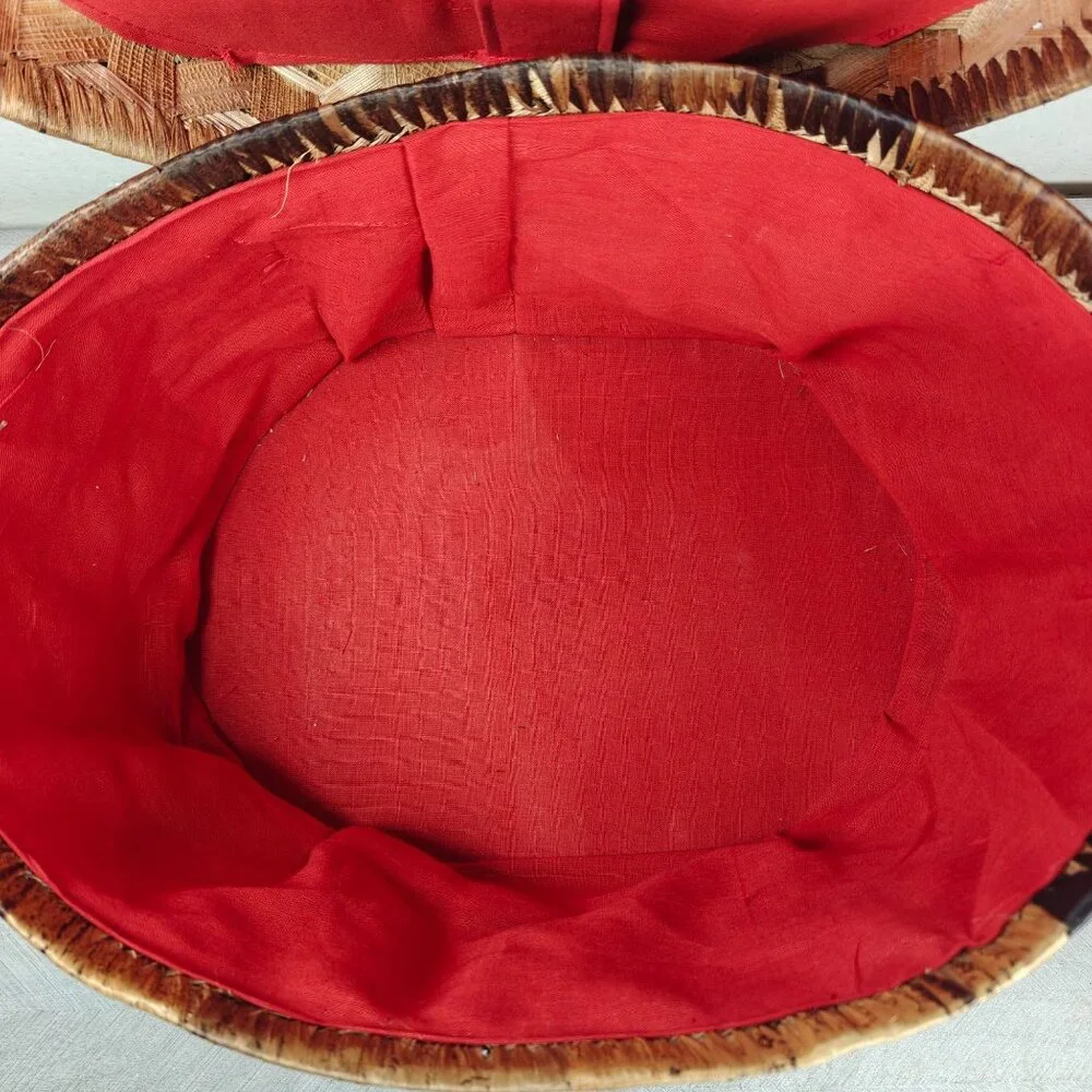 Vintage Handwoven Wicker Sewing Basket With Lid & Decorative Accents